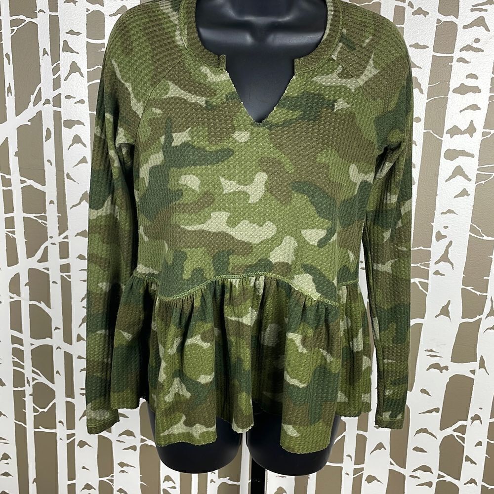 William Rast “Gryphon” Camouflage Thermal Knit Peplum Hem Long Sleeve Shirt